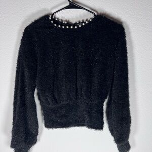 Black Fuzzy Sweater Top with Pearl Accents Size S
